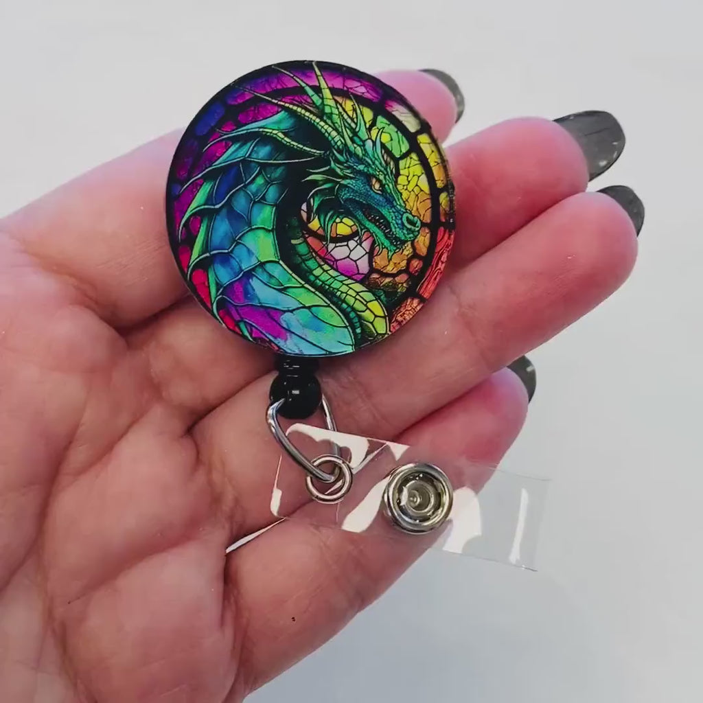Dragon Faux Stained Glass Badge Reel – Fantasy-Inspired ID Holder