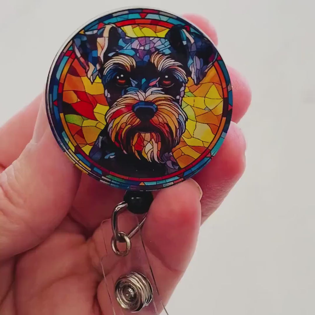Schnauzer Faux Stained Glass Badge Reel – Colorful Dog Lover ID Holder