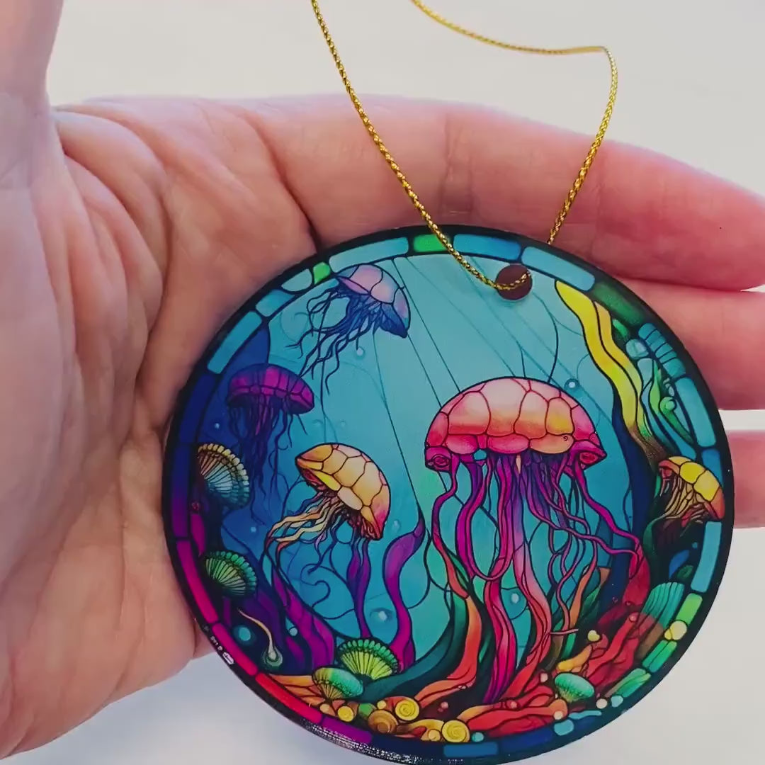 Jellyfish Faux Stained Glass Ornament – Vibrant Ocean Art Keepsake