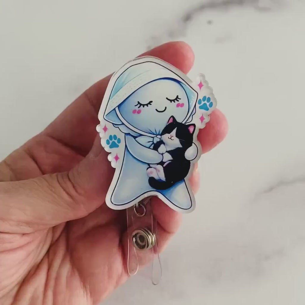 Cute Caregiver Glove Doll with Kitty Badge Reel – Sweet & Soothing ID Holder
