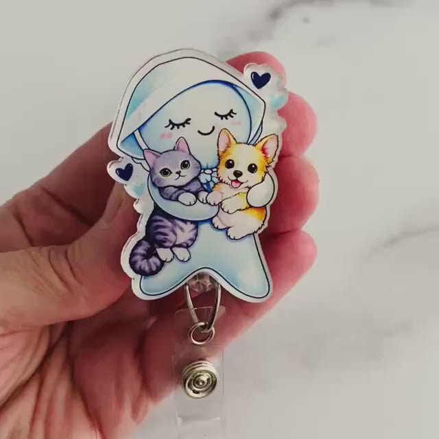 Cute Glove Doll with Puppy & Kitten Badge Reel – Cute Healthcare Animal Lover ID Holder