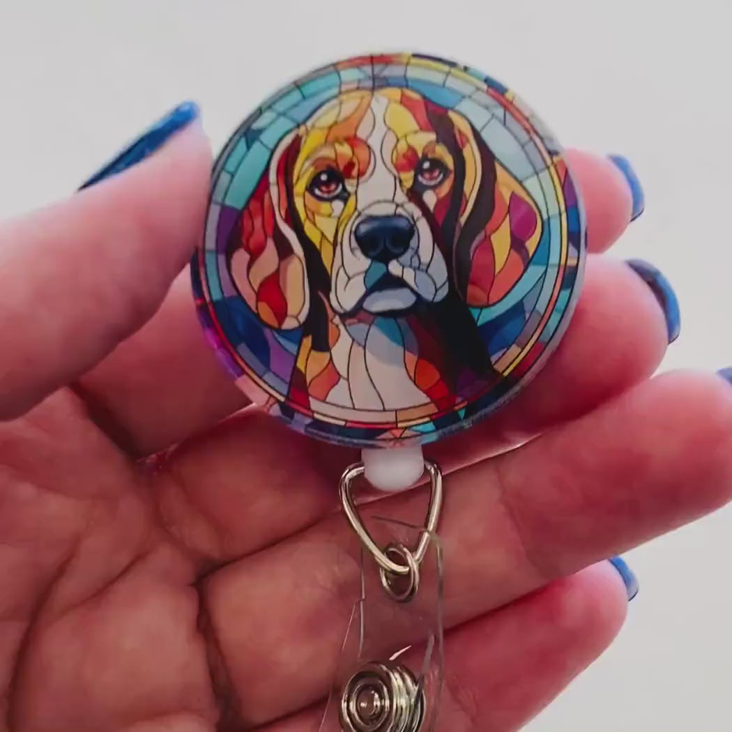 Beagle Faux Stained Glass Badge Reel – Colorful Dog Lover ID Holder