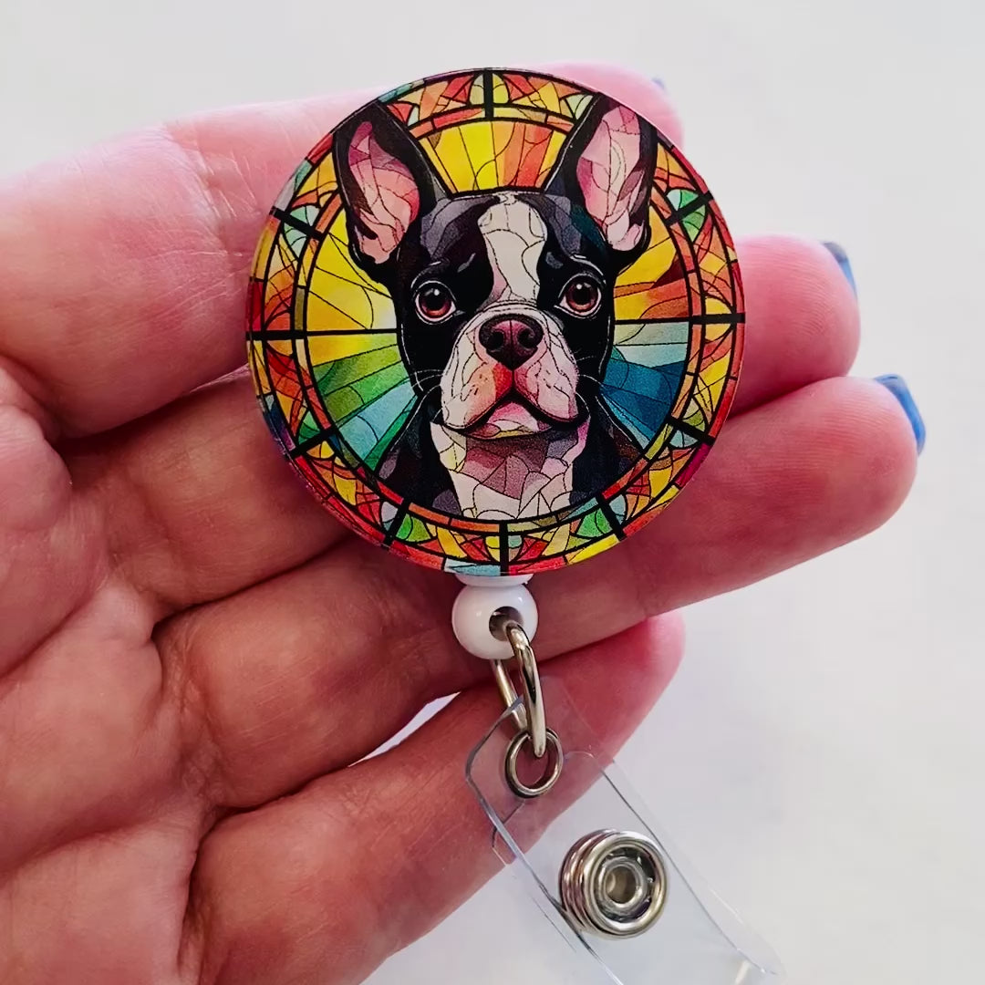 Boston Terrier Badge Reel – Faux Stained Glass ID Holder for Nurses, Teachers & Dog Lovers