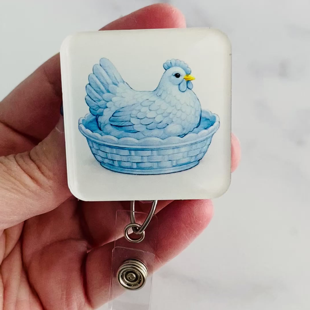 Blue Hen in a Dish Badge Reel | Rounded Square Chicken ID Holder 💜🐔