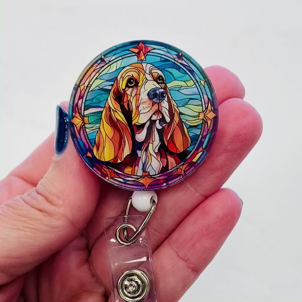 Basset Hound  Badge Reel – Faux Stained Glass - Colorful Dog Lover ID Holder