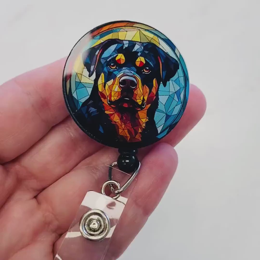 Rottweiler Faux Stained Glass Badge Reel – Bold Dog Lover ID Holder