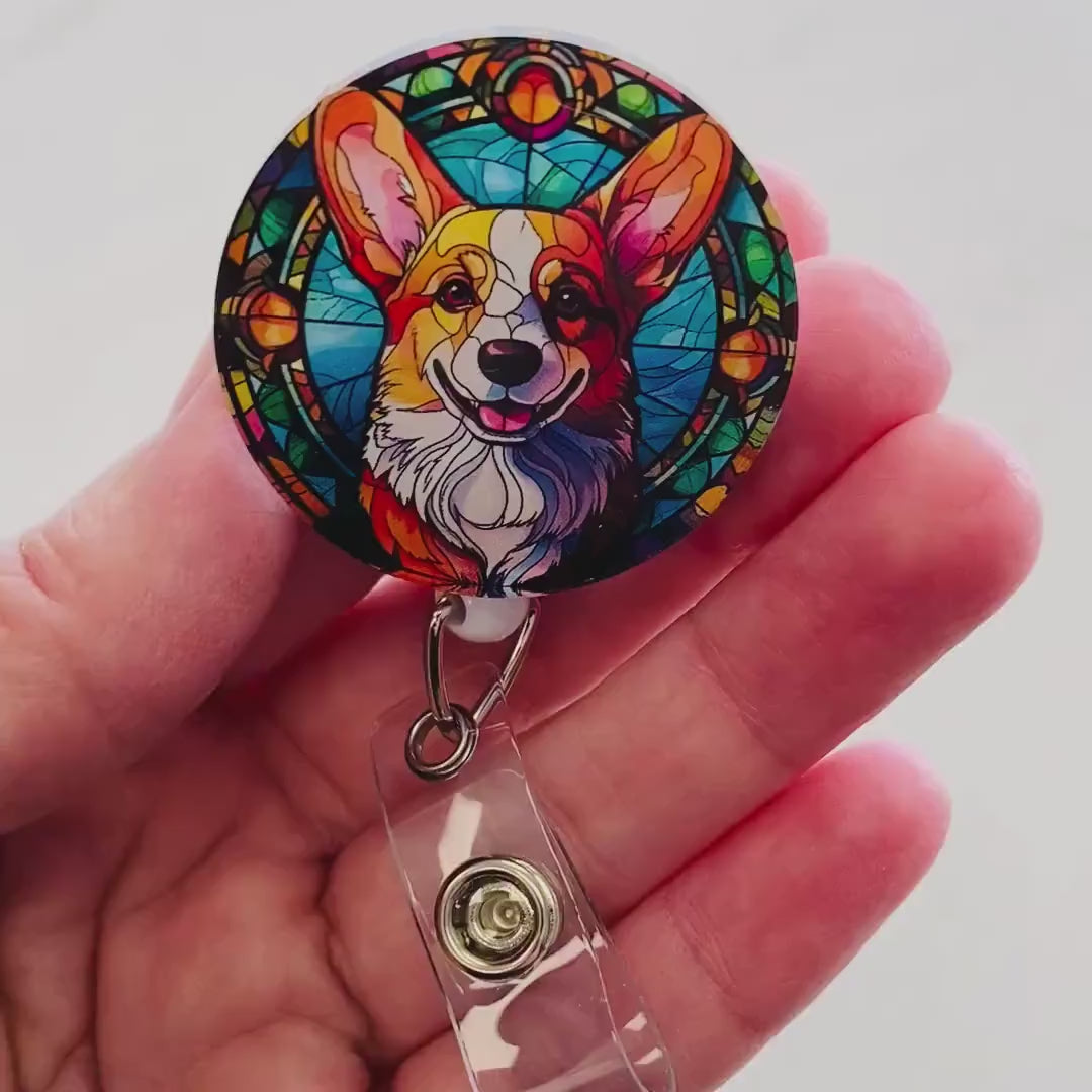 Pembroke Welsh Corgi Faux Stained Glass Badge Reel – Cute Dog ID Holder