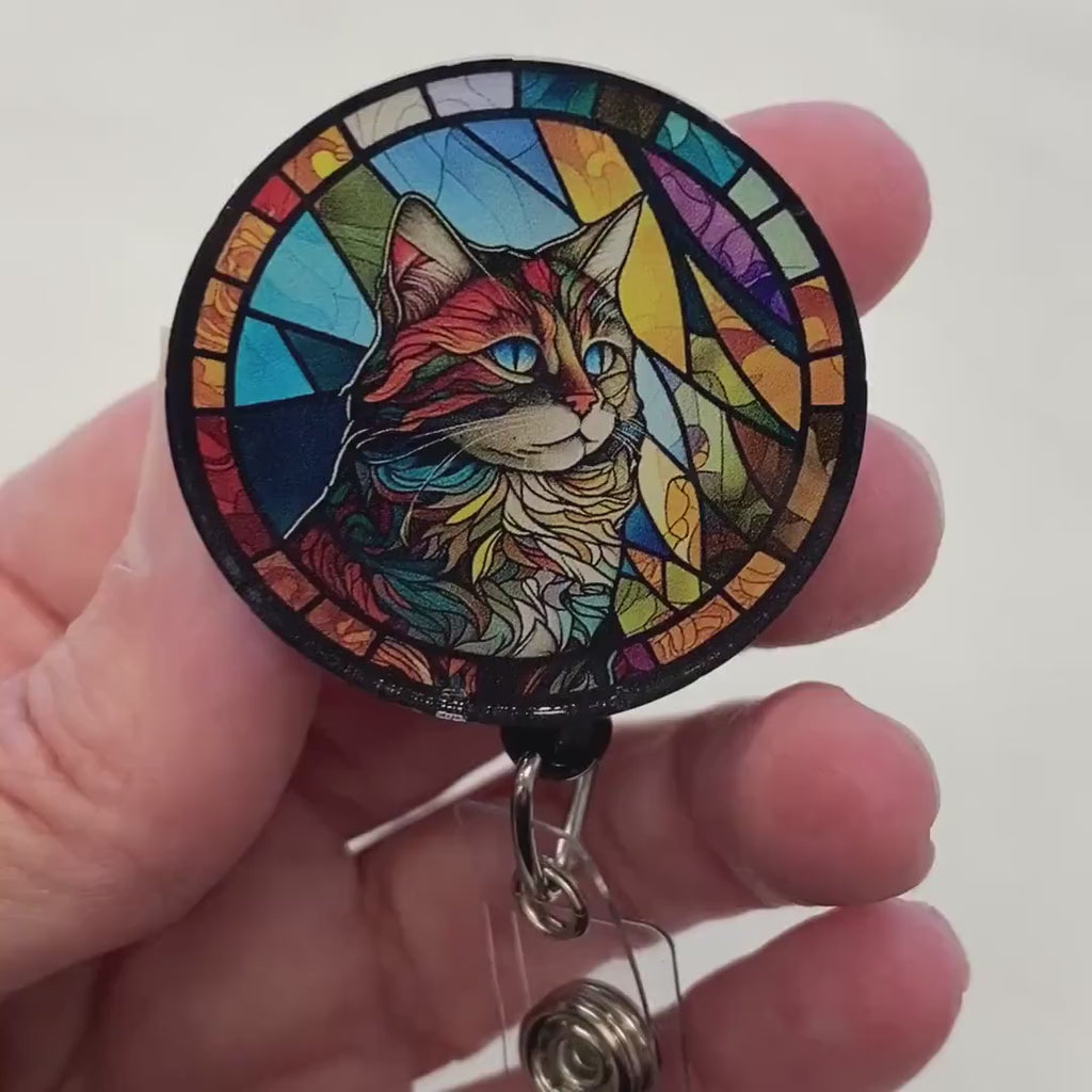 Faux Stained Glass Cat Badge Reel – Colorful Cat Lover ID Holder