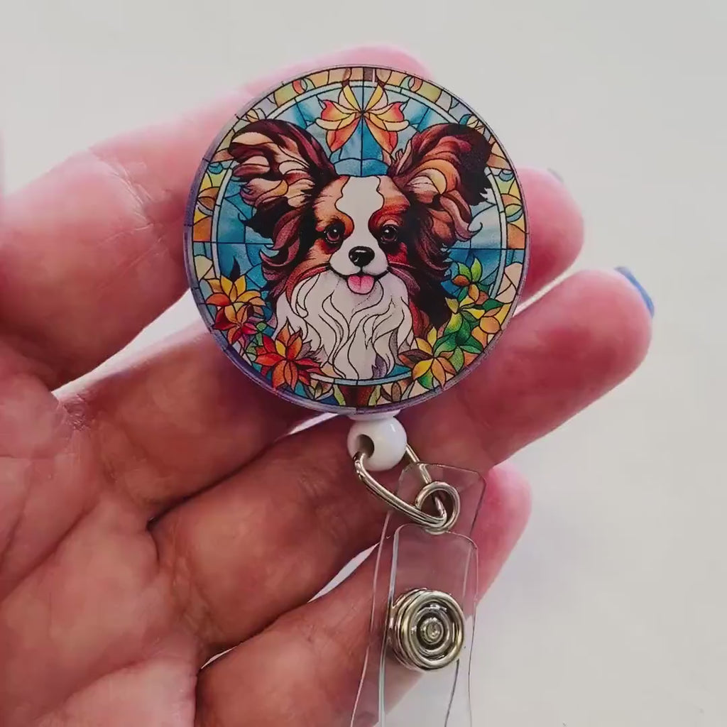 Papillon Faux Stained Glass Badge Reel – Colorful Dog Lover ID Holder