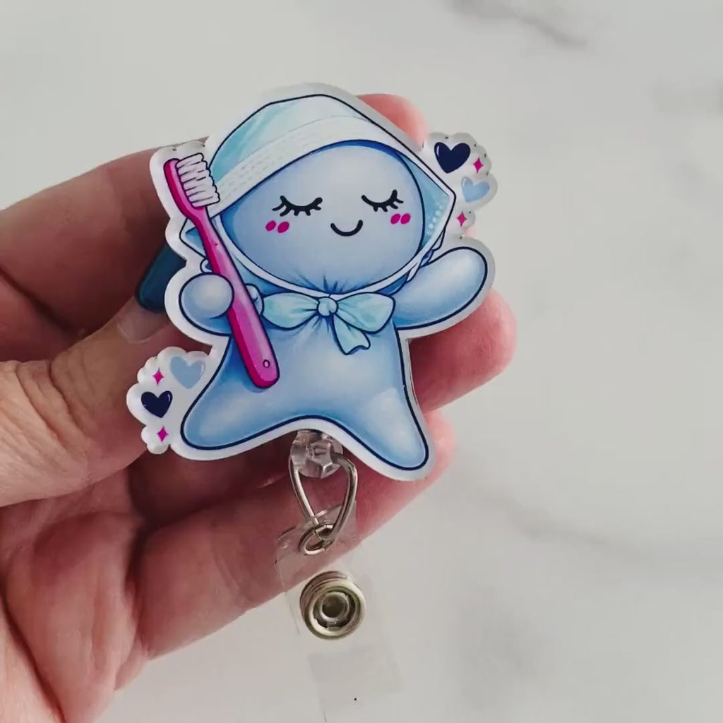 Cute Dental Hygiene Glove People Badge Reel – Toothbrush Character ID Holder