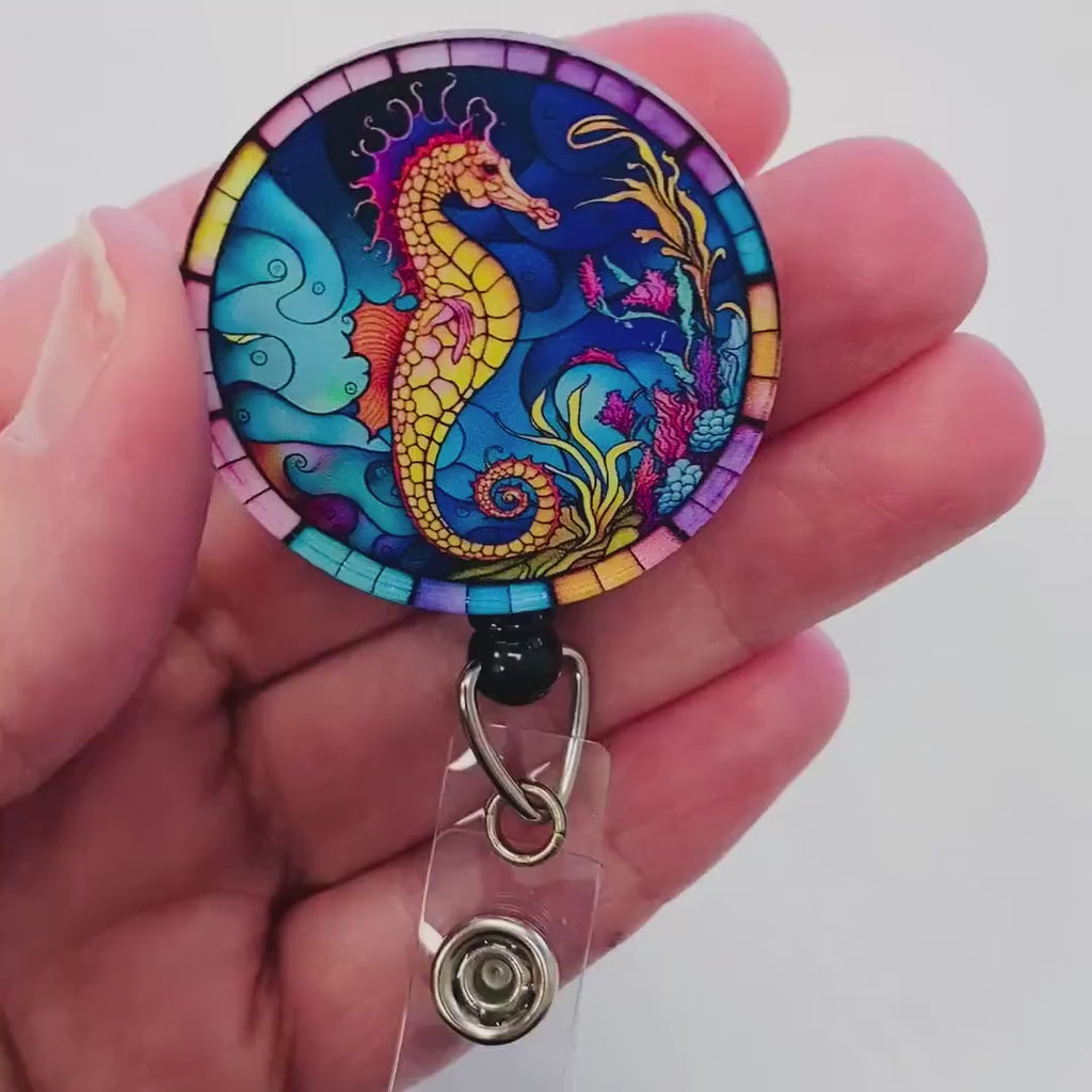 Seahorse Faux Stained Glass Badge Reel – Ocean-Themed ID Holder