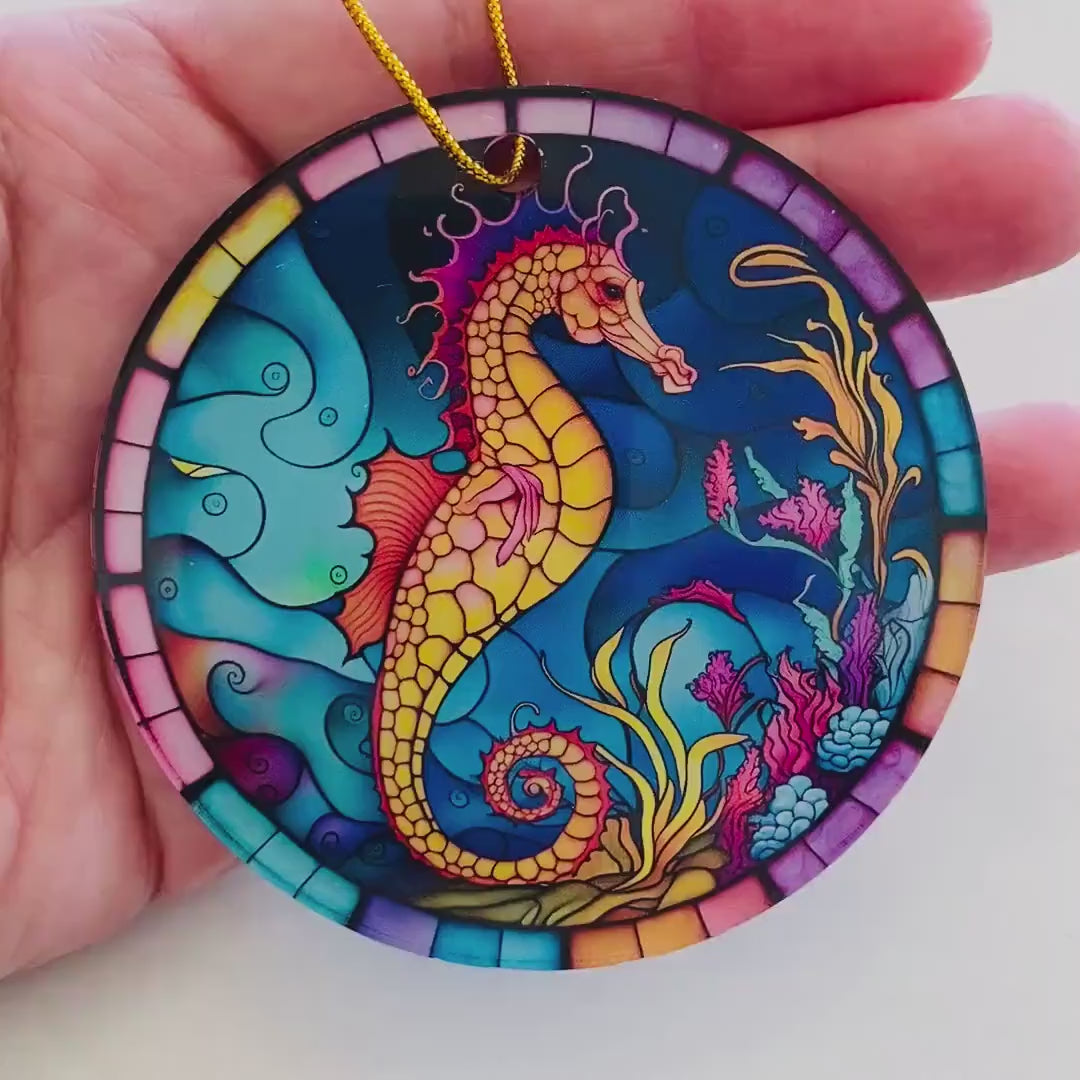 Seahorse Faux Stained Glass Ornament – Coastal Ocean Keepsake