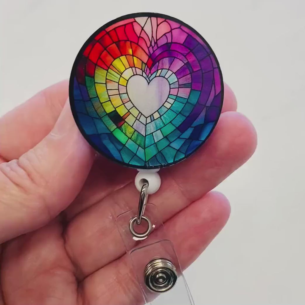 Rainbow Heart Faux Stained Glass Badge Reel – Colorful Pride ID Holder