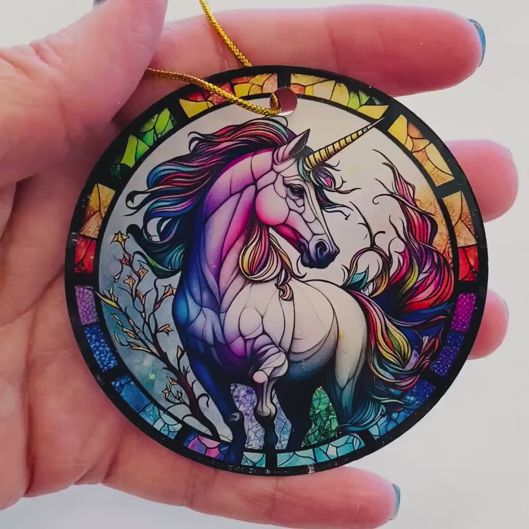Unicorn Faux Stained Glass Ornament – Magical Fantasy Keepsake