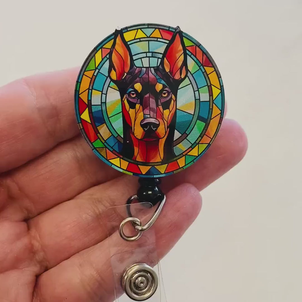 Doberman Pinscher Faux Stained Glass Badge Reel – Bold Dog Lover ID Holder