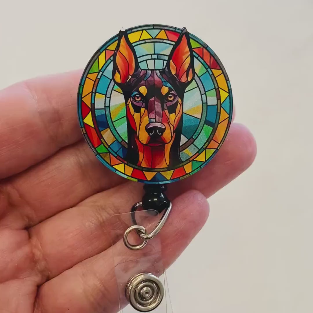 Doberman Pinscher Faux Stained Glass Badge Reel – Bold Dog Lover ID Holder