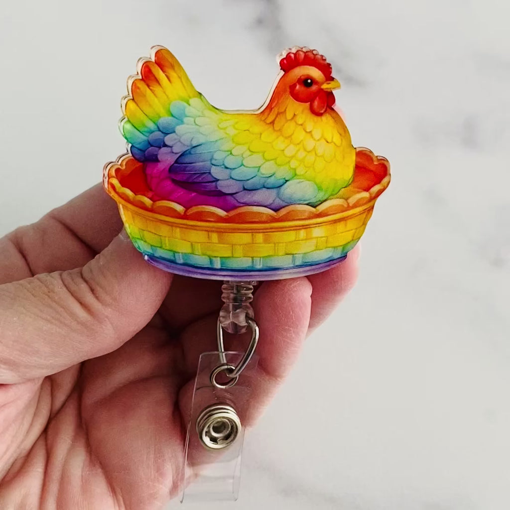 Rainbow Hen on Nest Badge Reel | Chicken Badge Reel