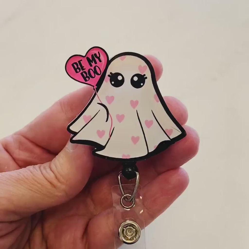 “Be My Boo” Ghost Badge Reel – Cute Valentine/Halloween ID Holder