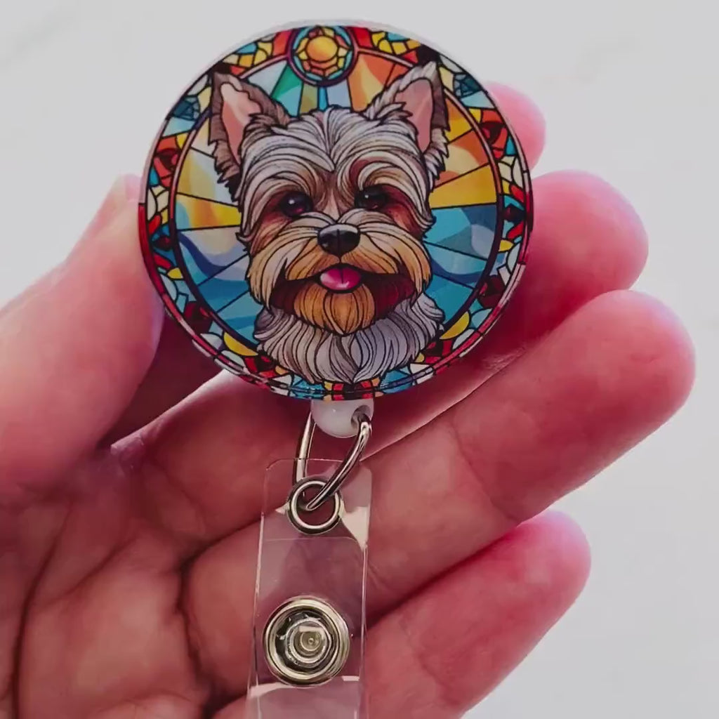Yorkie Faux Stained Glass Badge Reel – Yorkshire Terrier ID Holder