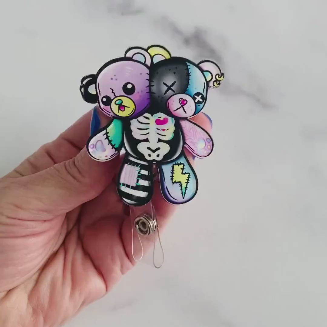 Gothic Patchwork Bear Badge Reel – Creepy Cute Retractable ID Holder