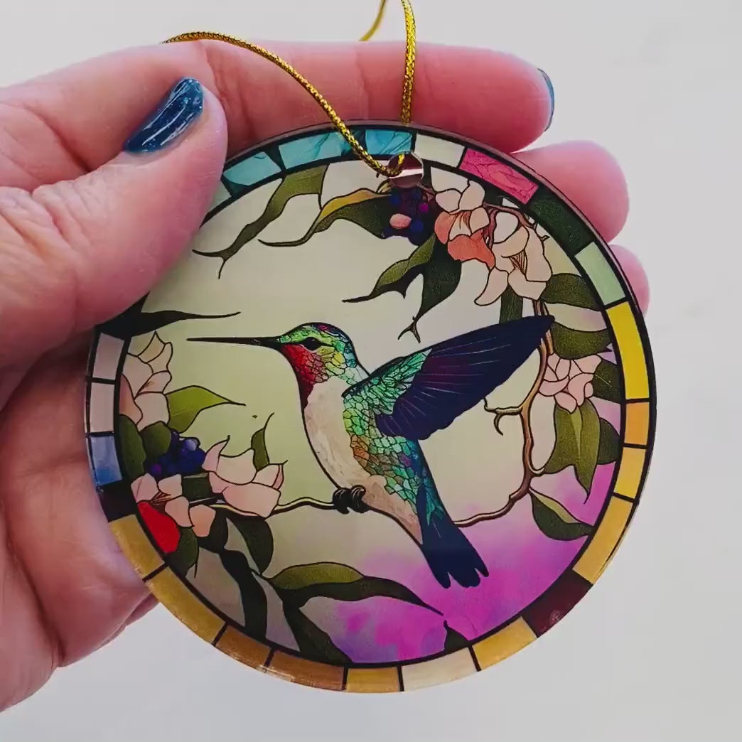Hummingbird Faux Stained Glass Ornament – Colorful Floral Nature Keepsake