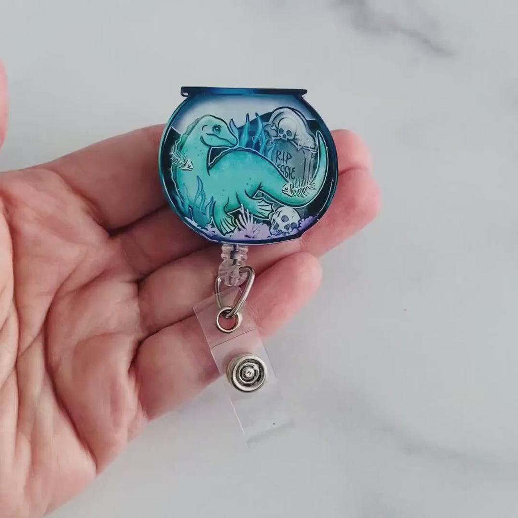 Loch Ness Monster in a Fishbowl Badge Reel – Cute Cryptid Retractable ID Holder