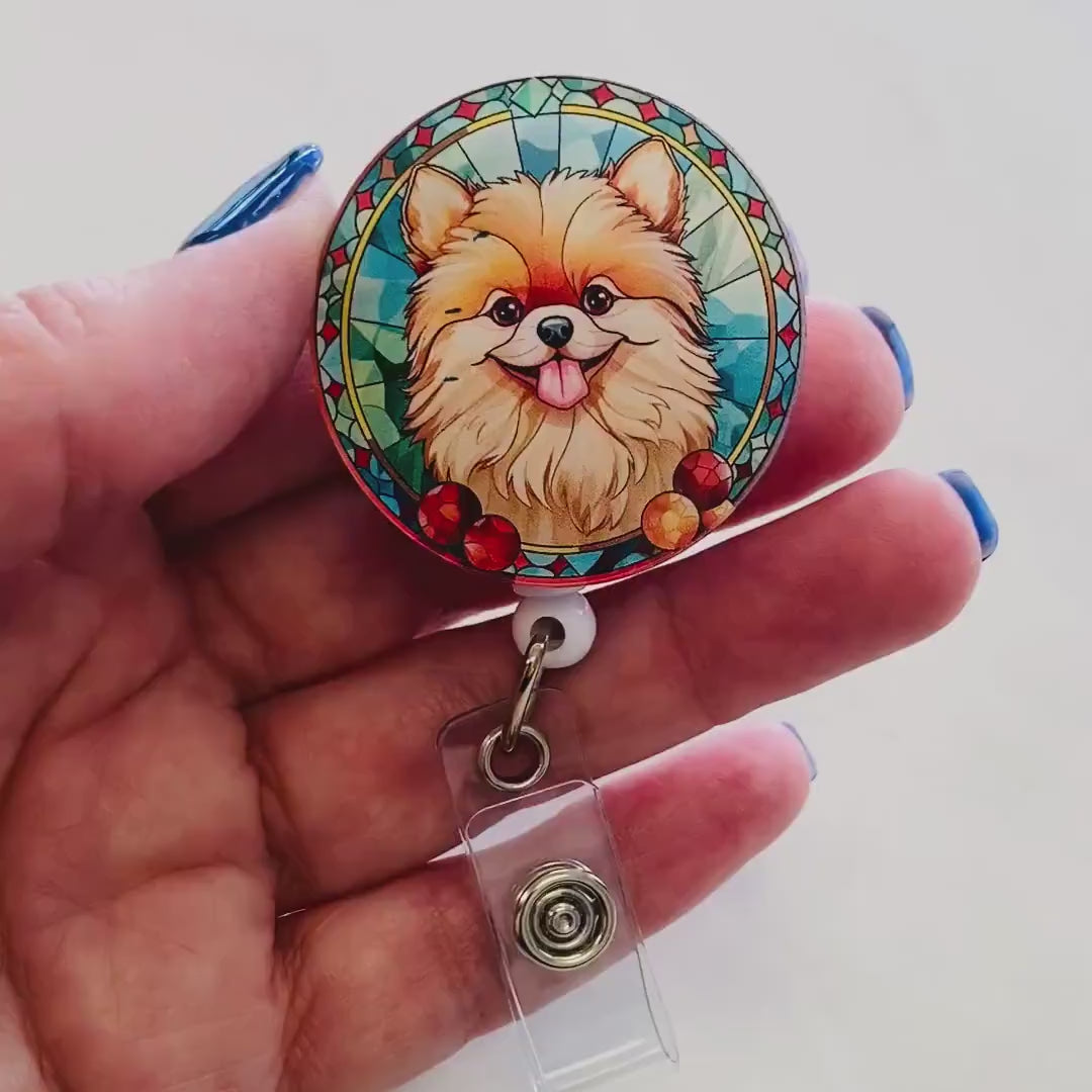 Pomeranian Faux Stained Glass Badge Reel – Cute Dog Lover ID Holder