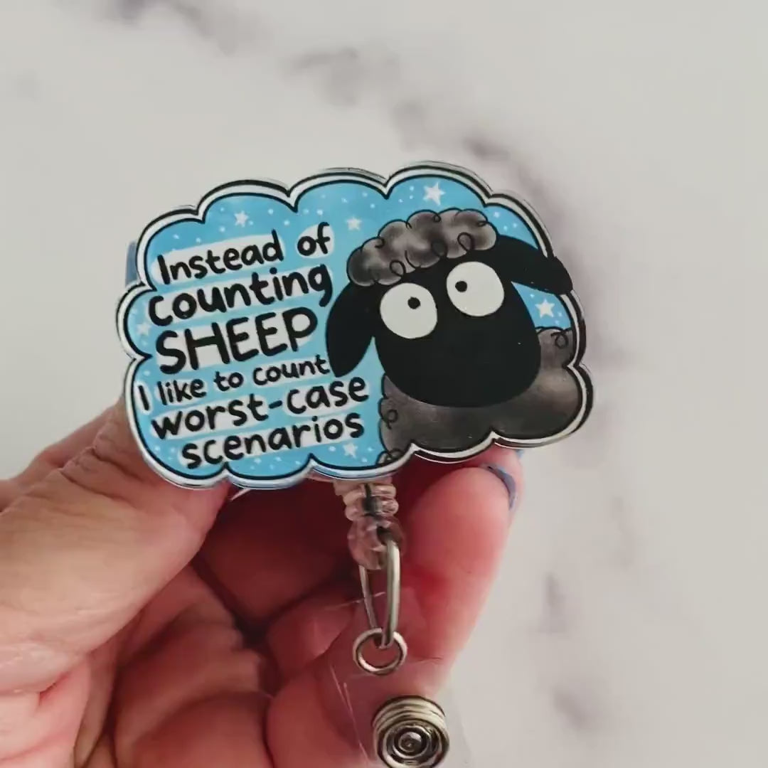 “Instead of Counting Sheep, I Like to Count Worst-Case Scenarios” Nurse Badge Reel – Funny Anxiety Sheep Retractable ID Holder