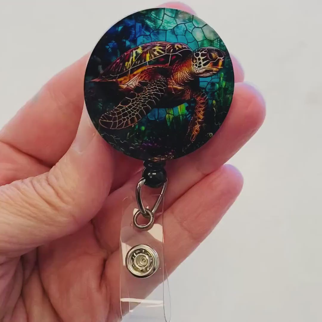Sea Turtle Faux Stained Glass Badge Reel – Ocean Wildlife ID Holder
