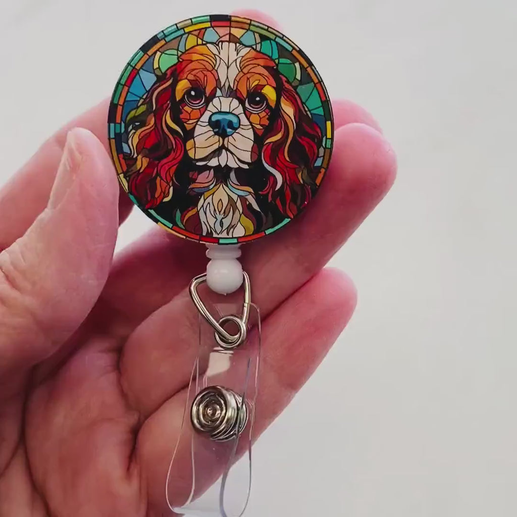 Cavalier King Charles Spaniel Faux Stained Glass Badge Reel – Elegant Dog Lover ID Holder