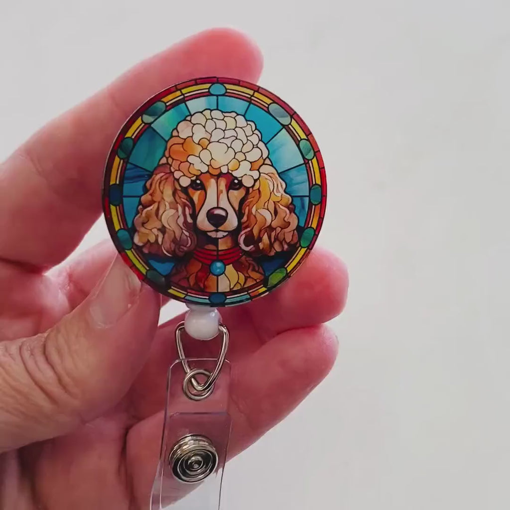 Poodle Faux Stained Glass Badge Reel – Elegant Dog Lover ID Holder