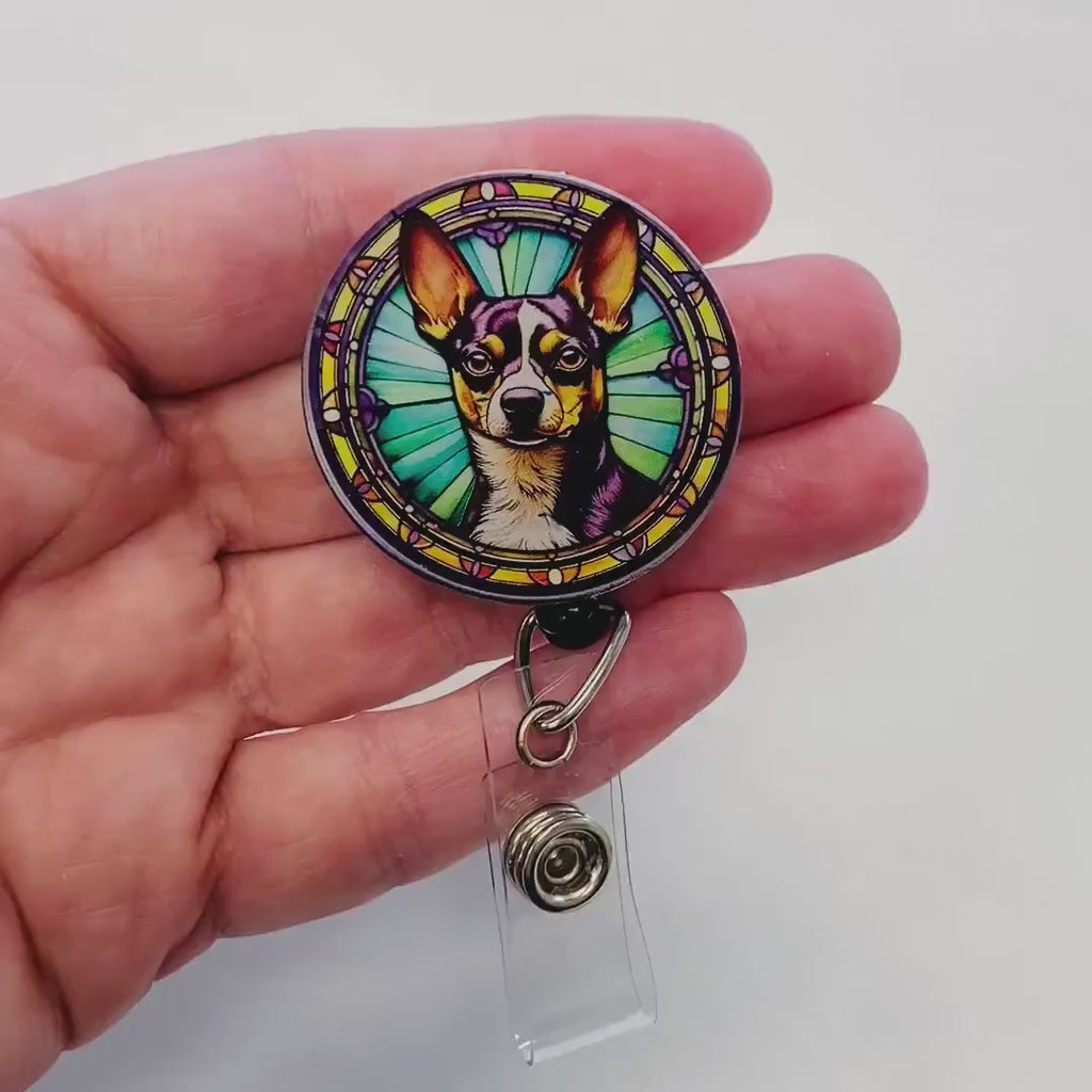 Rat Terrier Faux Stained Glass Badge Reel – Colorful Dog Lover ID Holder