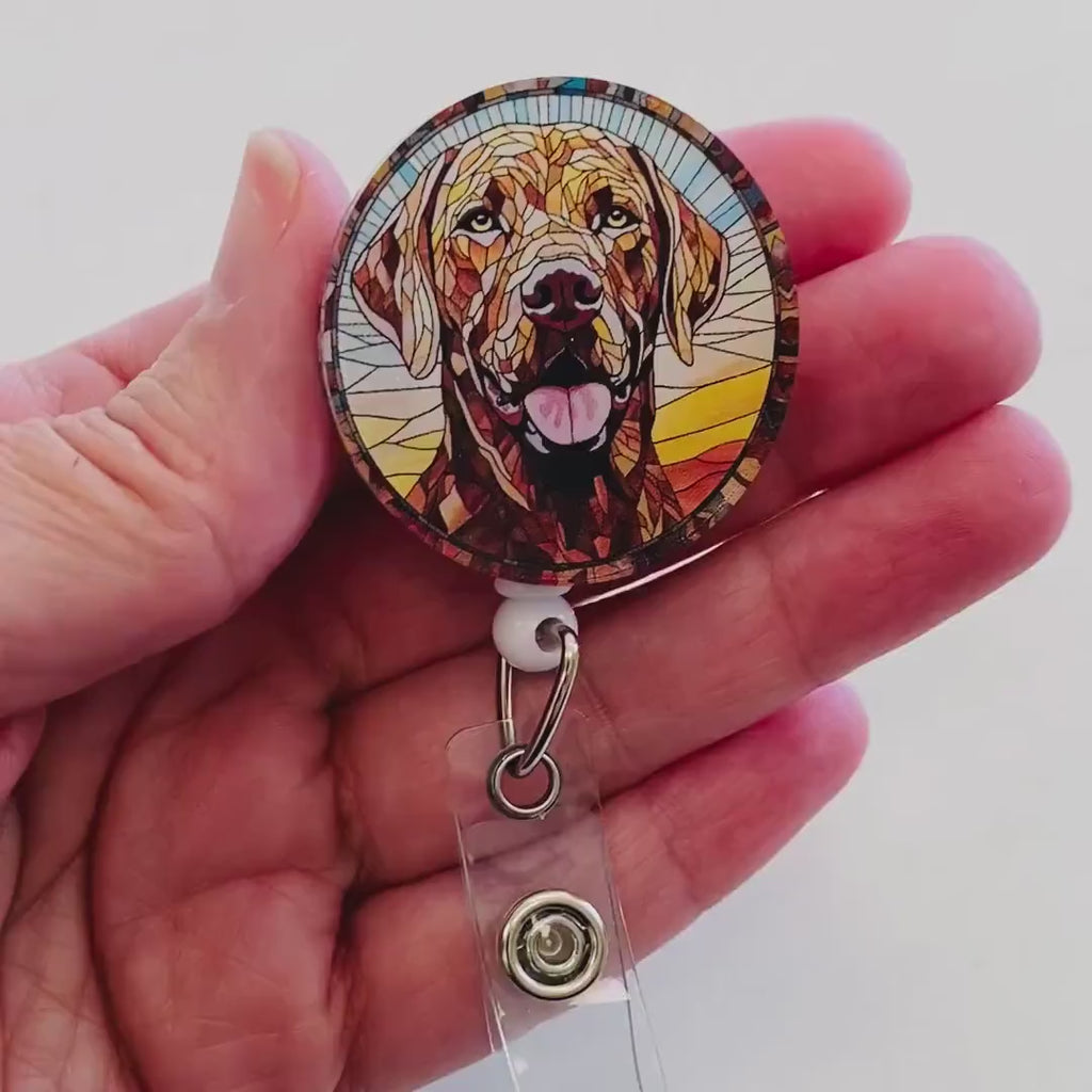 Chocolate Labrador Faux Stained Glass Badge Reel – Dog Lover ID Holder