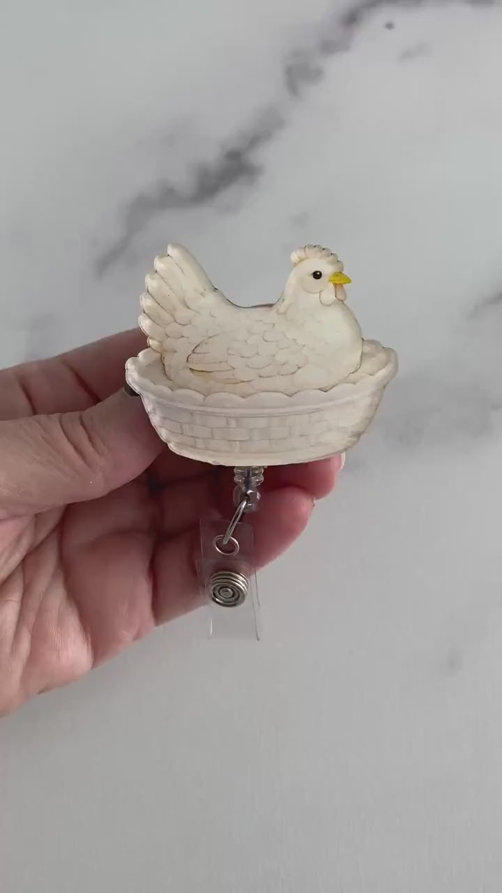 Classic Cream Hen on Nest Badge Reel – Timeless Farmhouse ID Holder