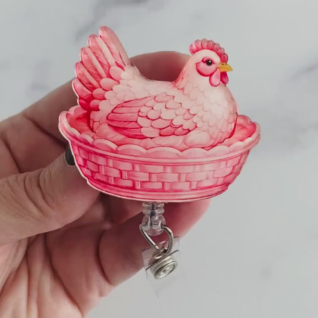 Pink Hen on Nest Badge Reel – Soft Farmhouse Chic ID Holder