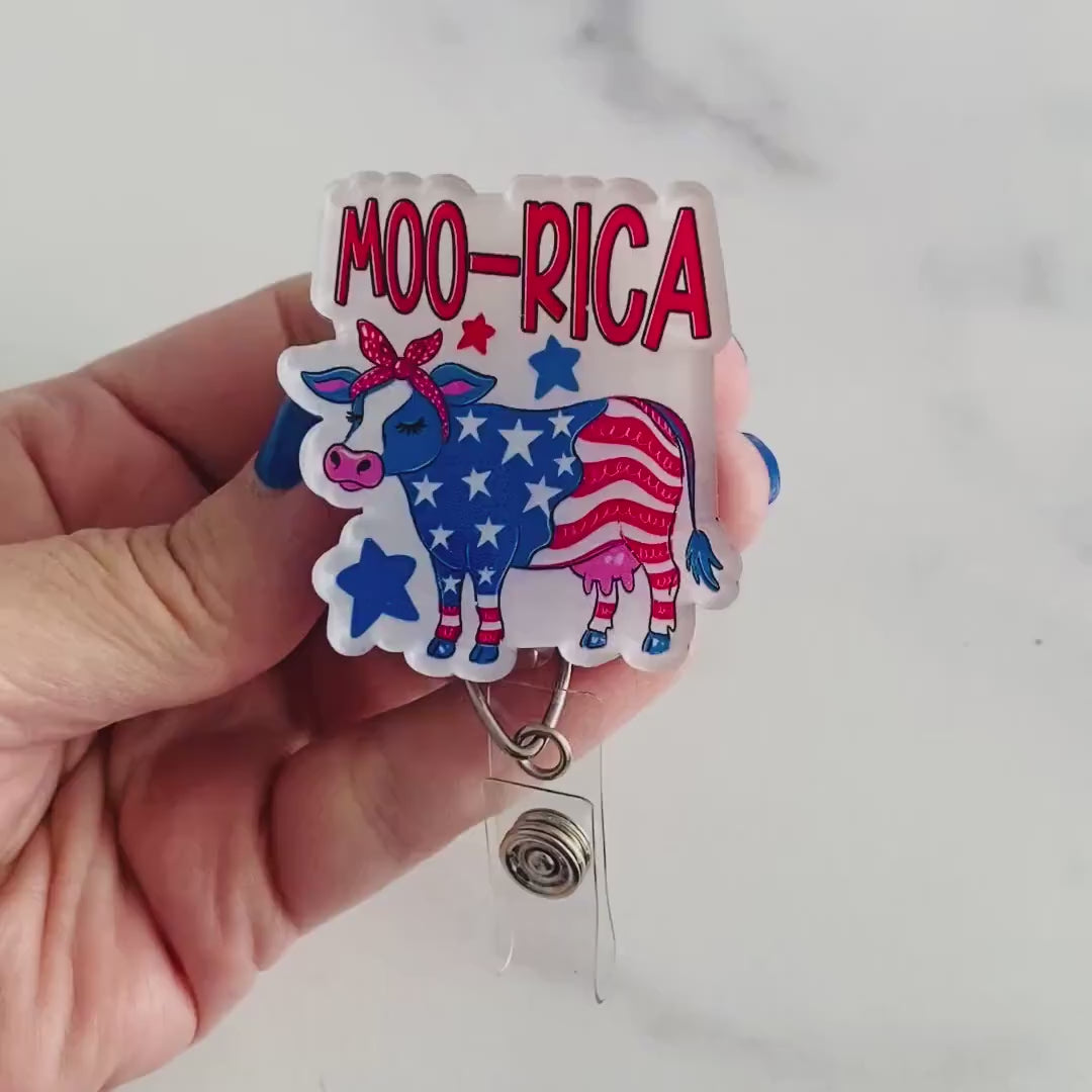 MOO-RICA Patriotic Cow Badge Reel – Funny Farmhouse Patriotic ID Holder
