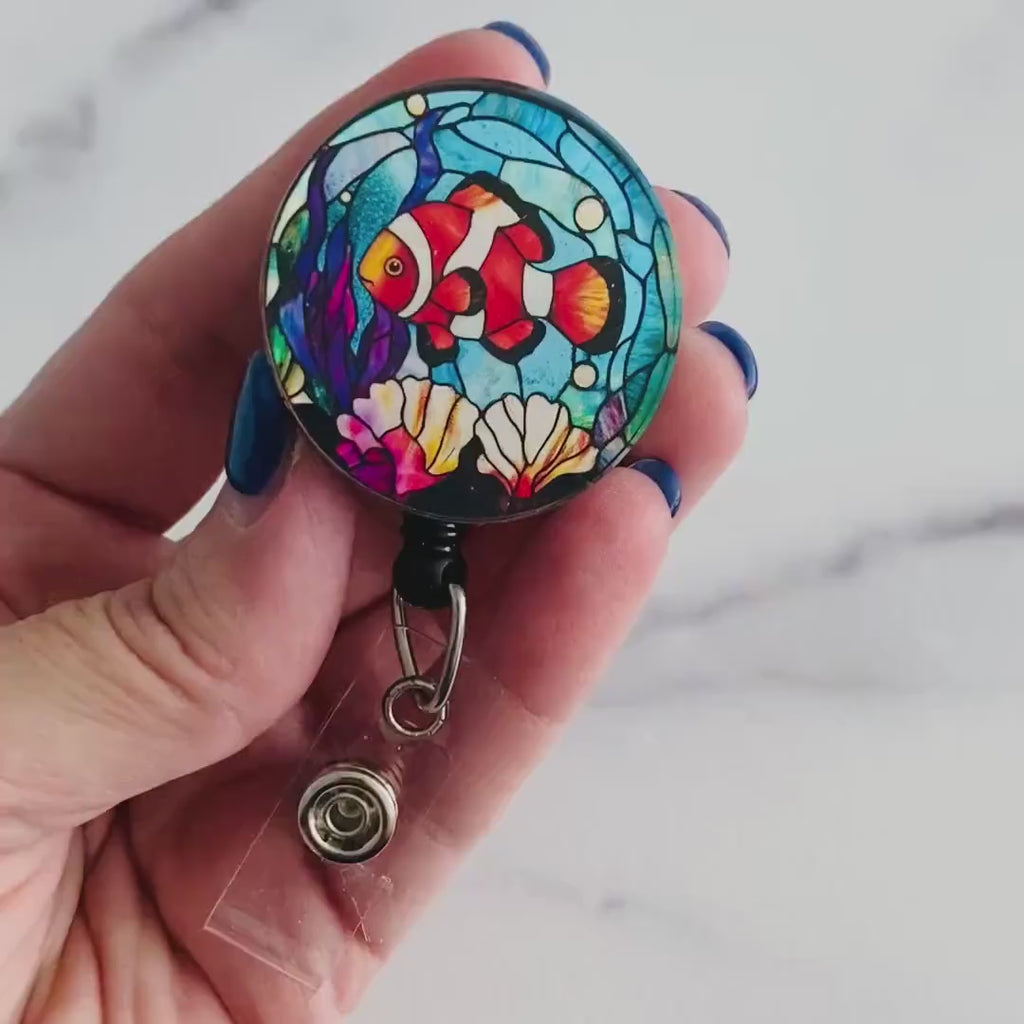 Clownfish Stained Glass Badge Reel – Ocean-Inspired ID Holder