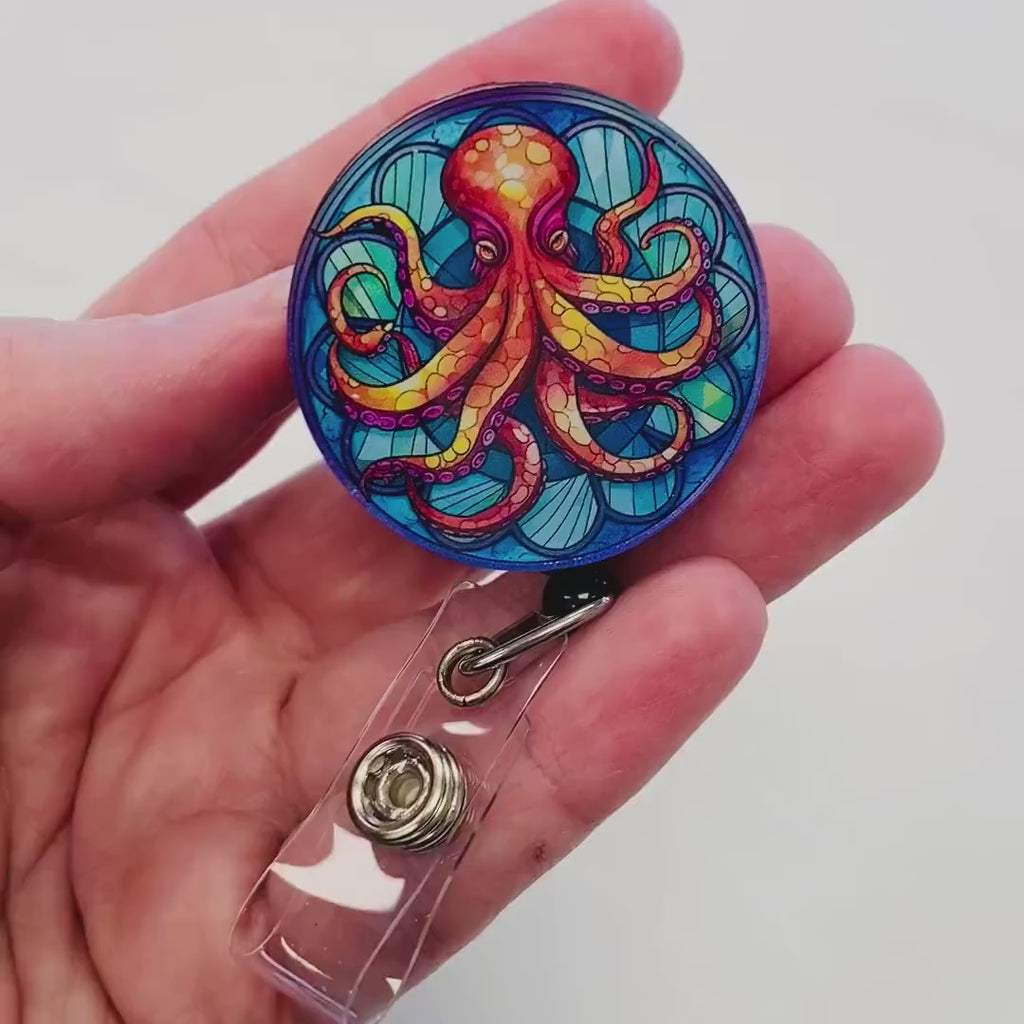 Octopus Faux Stained Glass Badge Reel – Ocean-Themed ID Holder