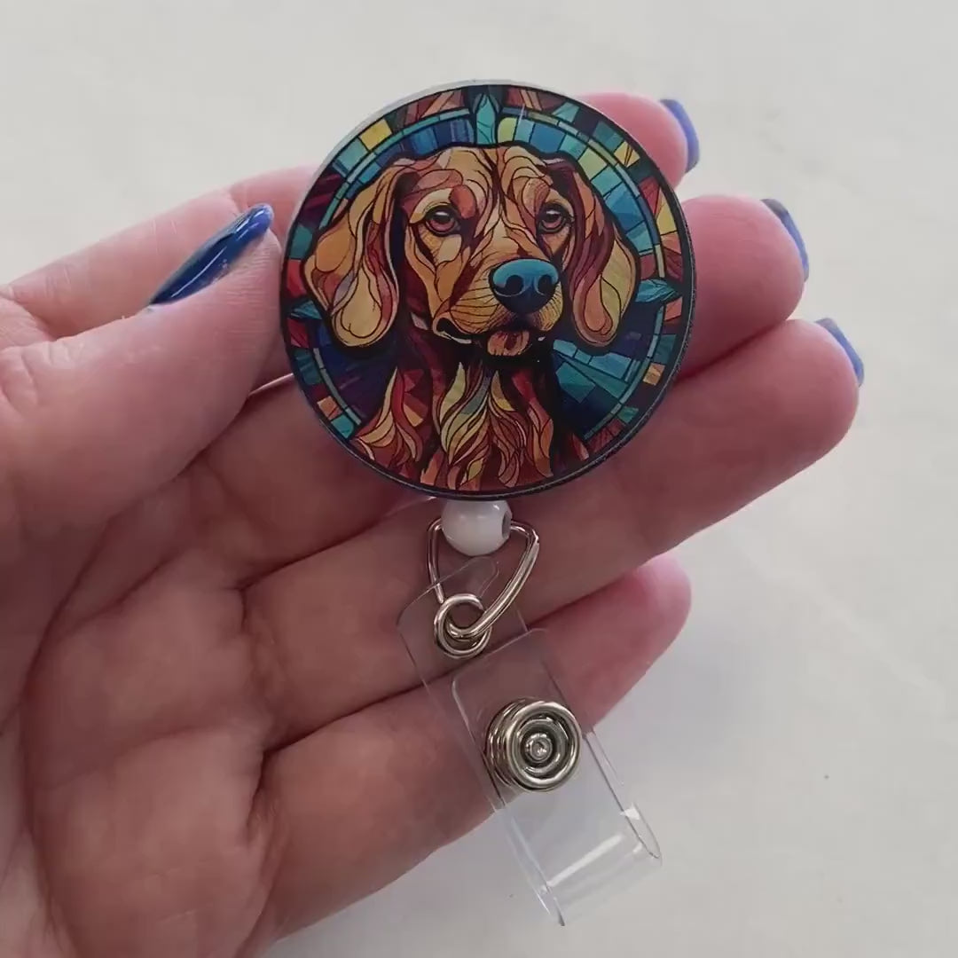 Dachshund Faux Stained Glass Badge Reel – Colorful Dog Lover ID Holder