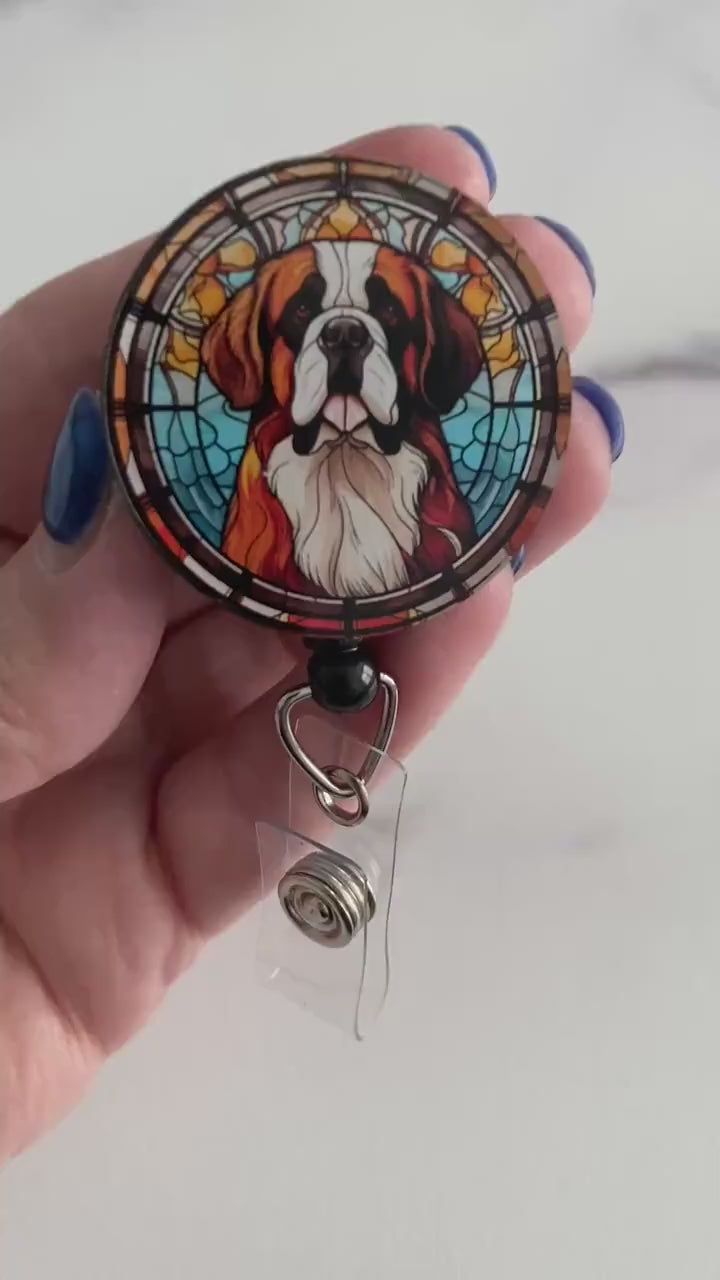 Saint Bernard Stained Glass Badge Reel – Dog Lover ID Holder