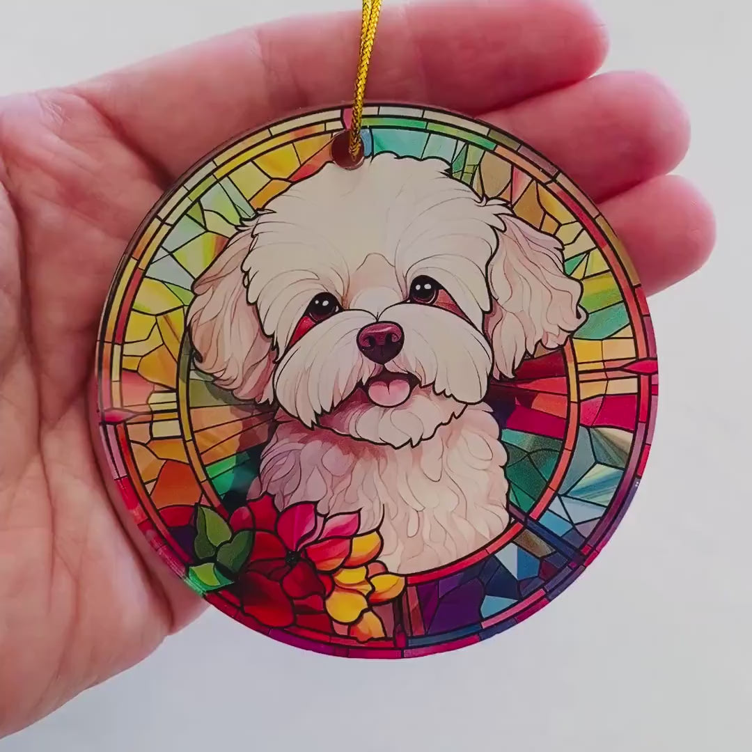 Bichon Frise Faux Stained Glass Ornament – Vibrant Dog Lover Keepsake