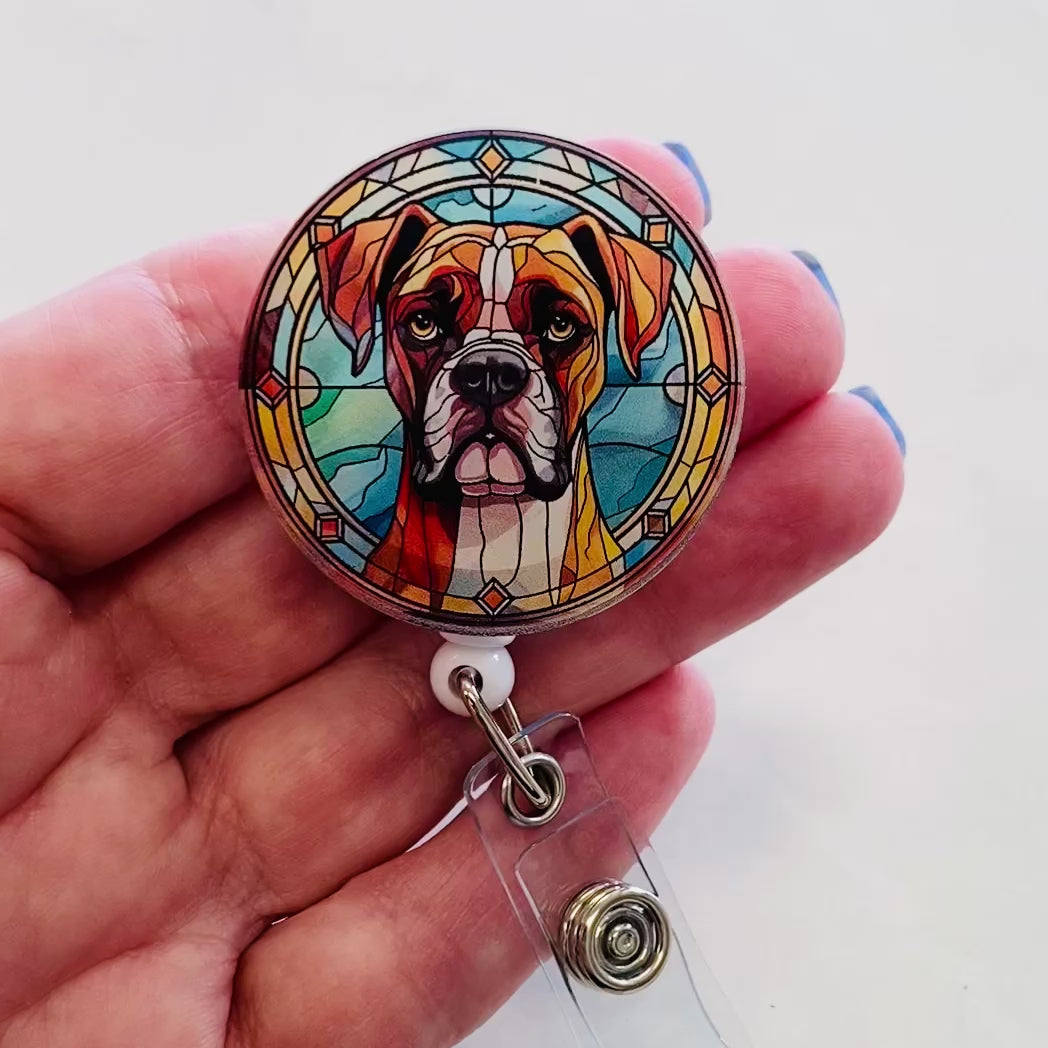 Boxer Badge Reel | Faux Stained Glass Dog Badge Reel 🐶✨