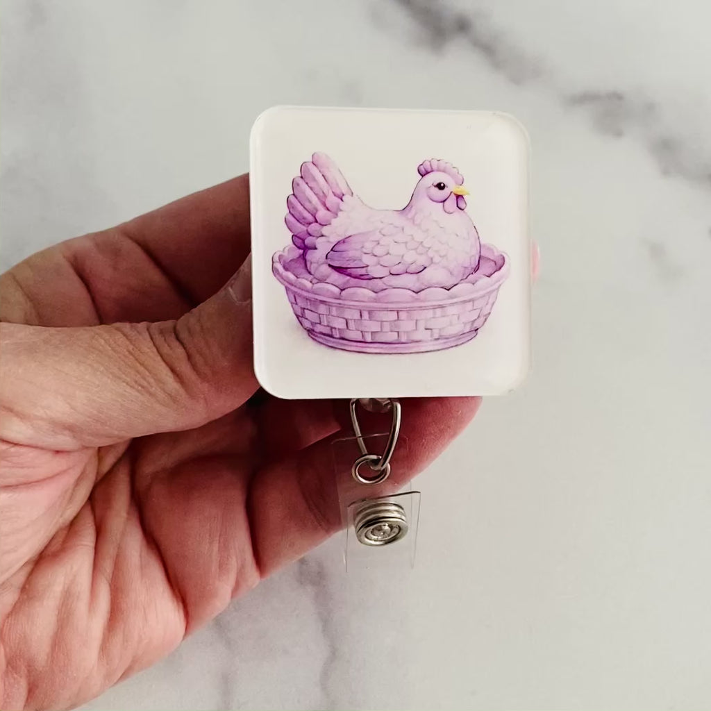 Purple Hen in a Dish Badge Reel | Rounded Square Chicken ID Holder 💜🐔