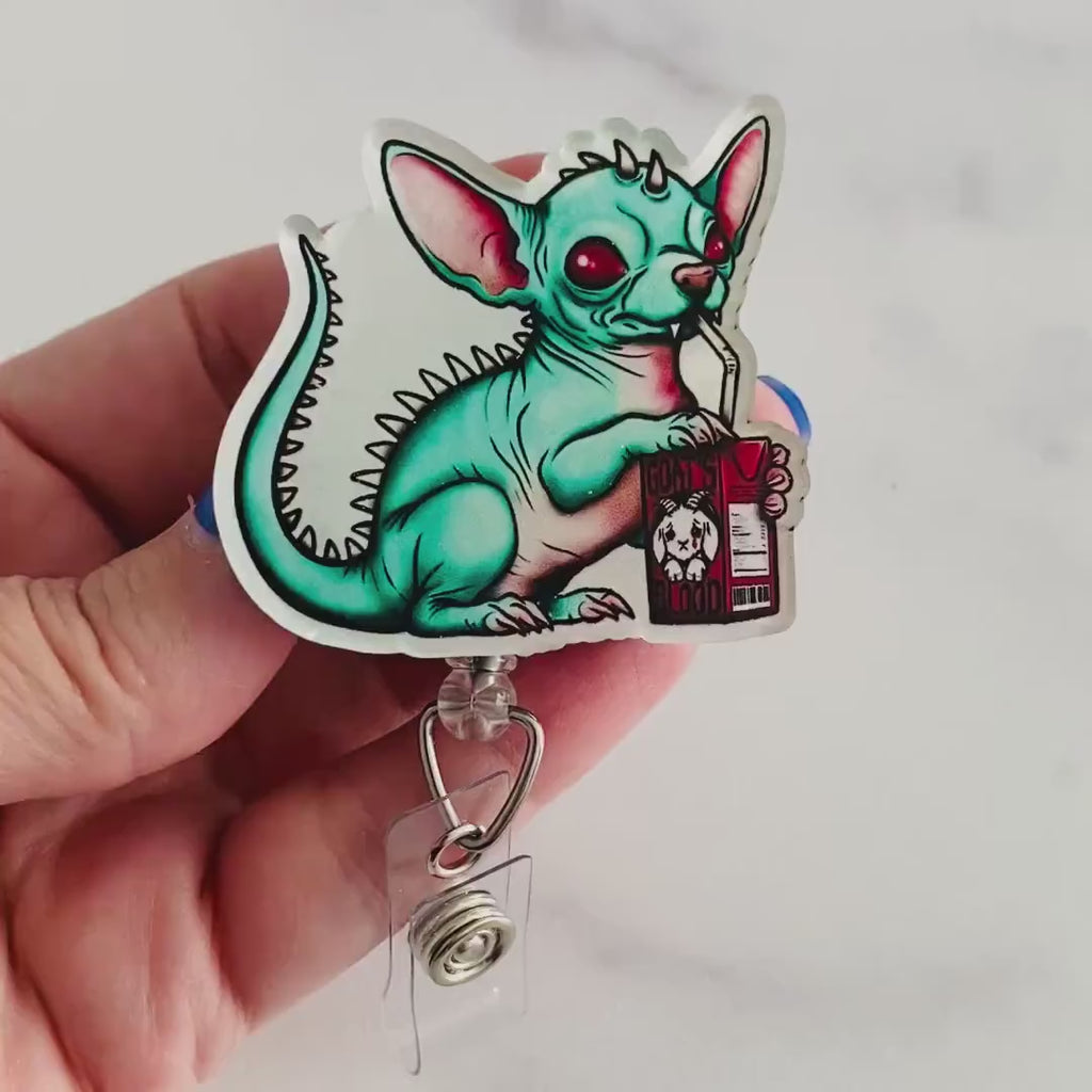 Gothic Chupacabra Badge Reel – Spooky-Cute Cryptid Retractable ID Holder