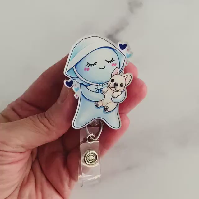 Glove Doll and Frenchie Puppy Badge Reel – Cute Healthcare Animal Lover ID Holder