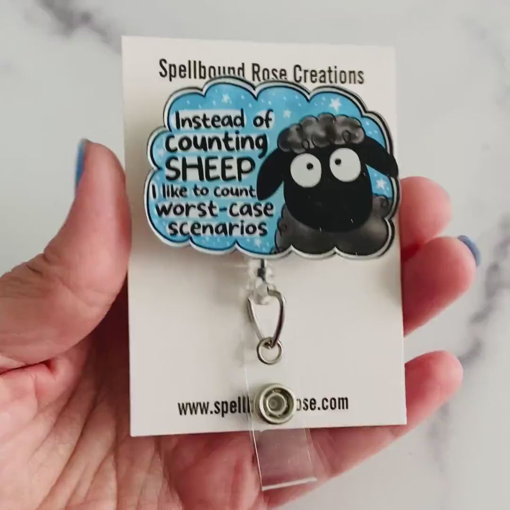 “Instead of Counting Sheep, I Like to Count Worst-Case Scenarios” Nurse Badge Reel – Funny Anxiety Sheep Retractable ID Holder