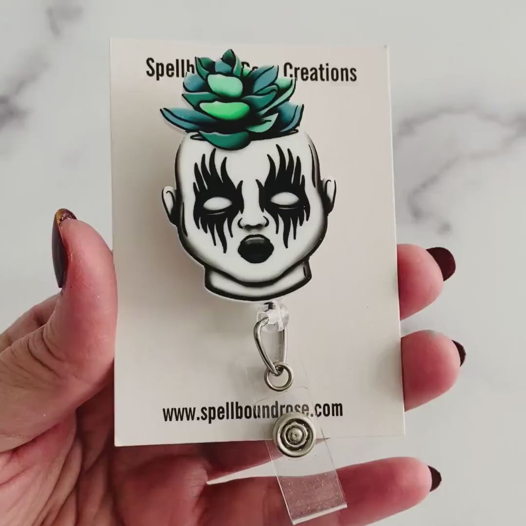 Gothic Succulent Doll Badge Reel – Spooky Cute Retractable ID Holder