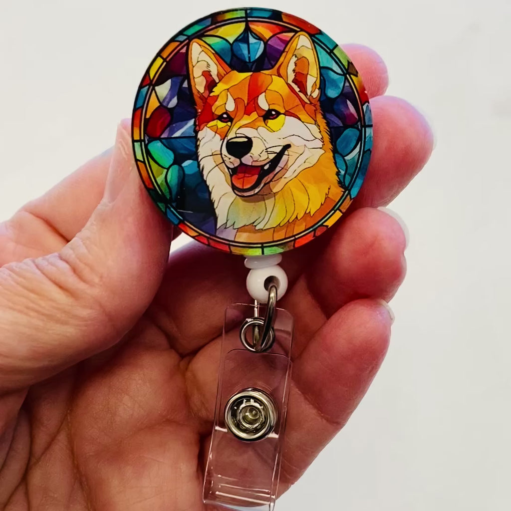 Akita Badge Reel – Faux Stained Glass - Colorful Dog Lover ID Holder