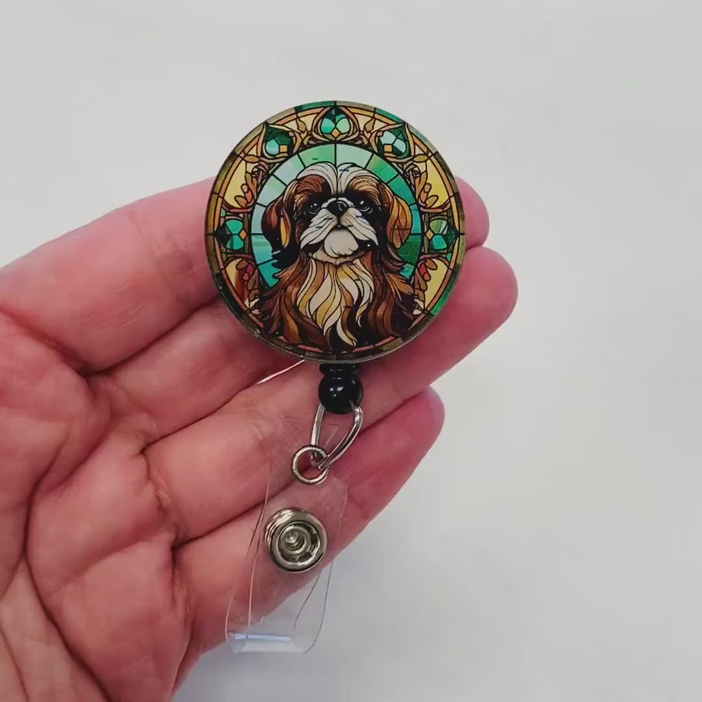 Pekingese Faux Stained Glass Badge Reel – Elegant Dog Lover ID Holder
