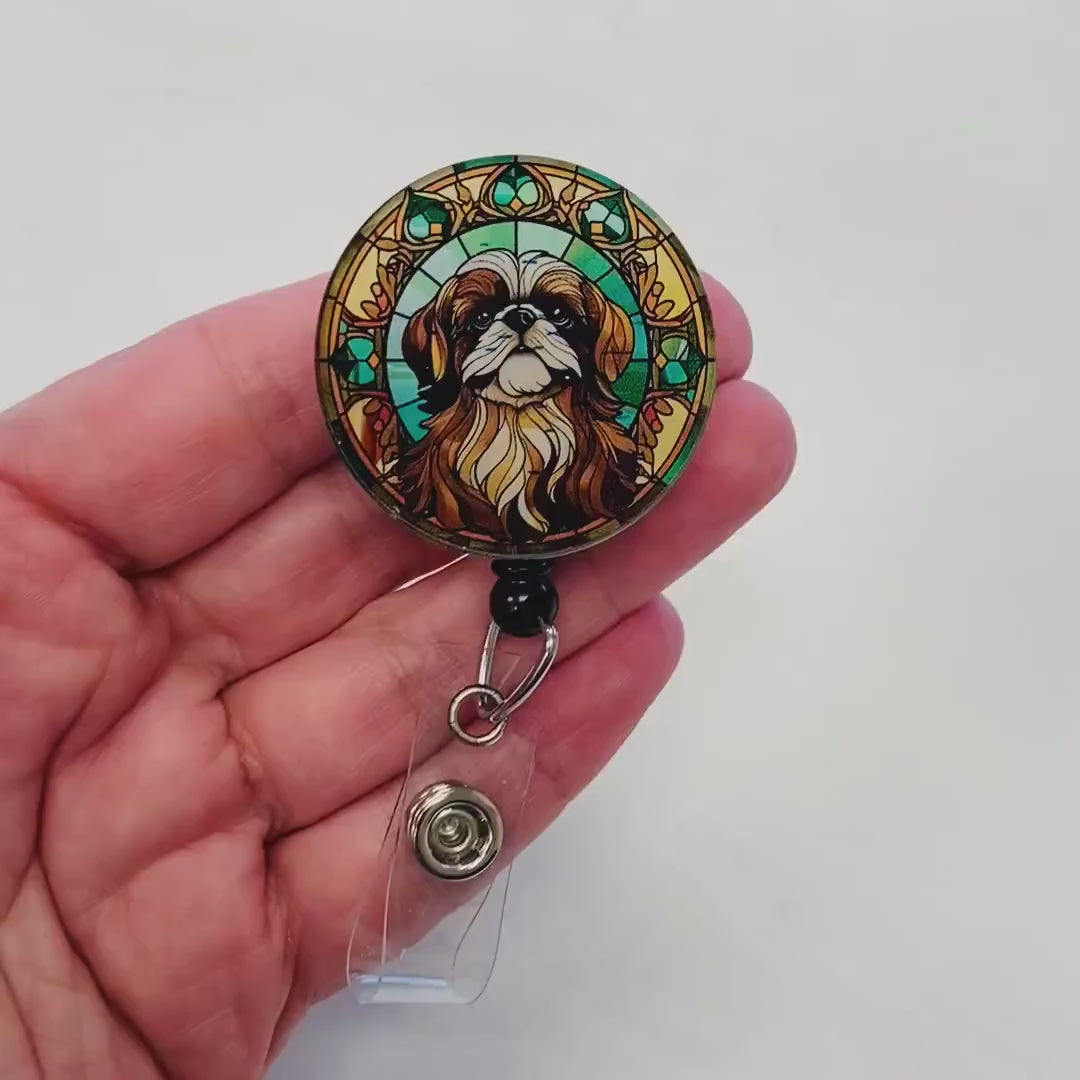 Pekingese Faux Stained Glass Badge Reel – Elegant Dog Lover ID Holder